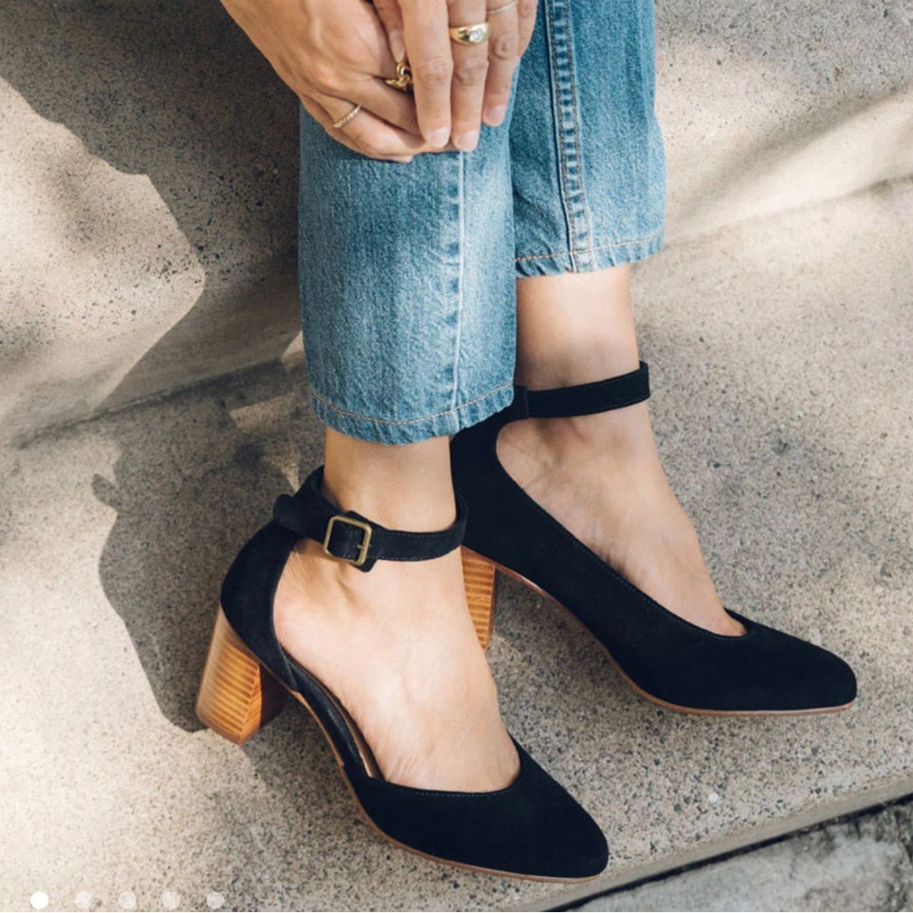 Soludos Gemma Heels in black suede with brown heels